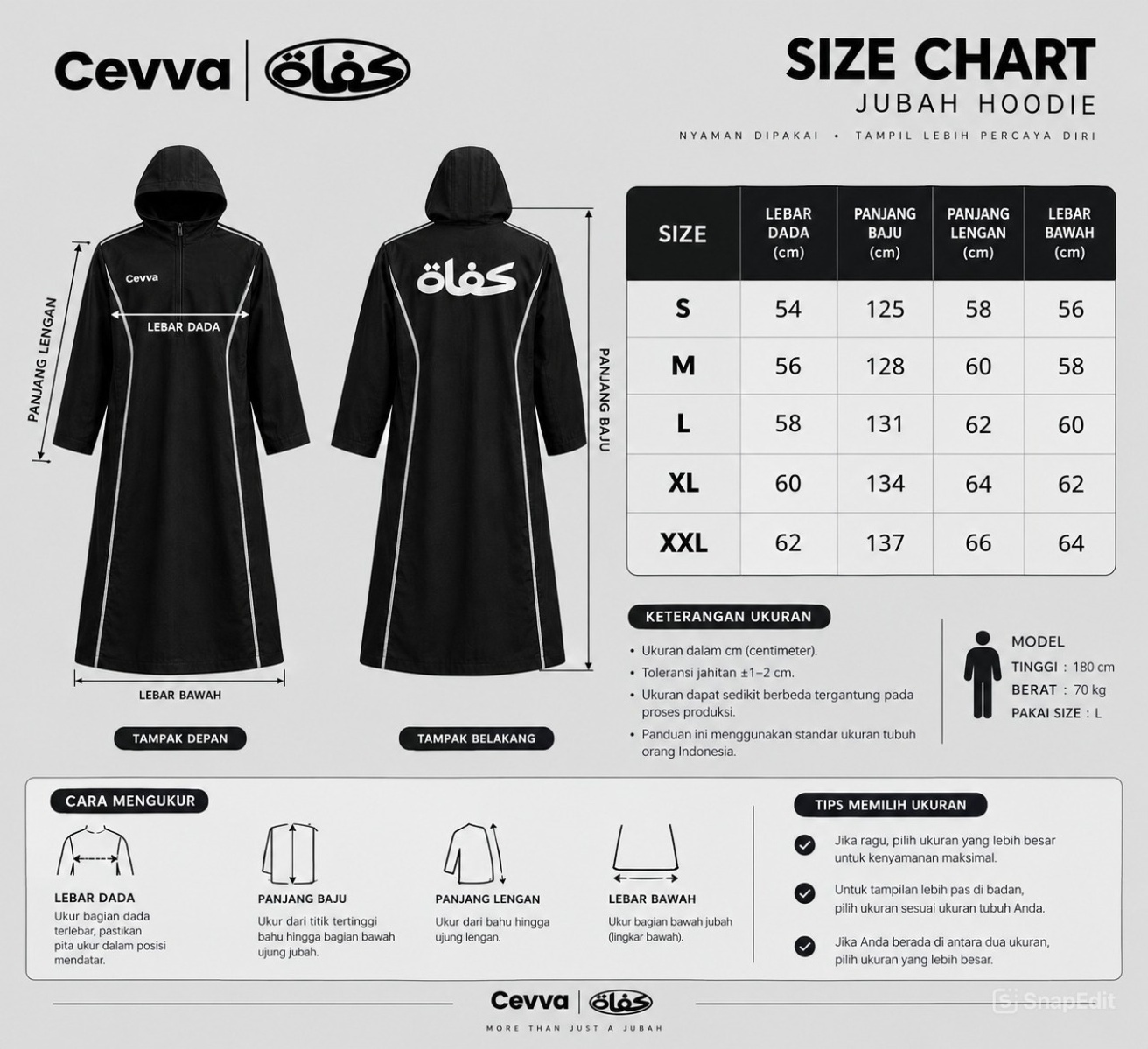 Size chart jubah hoodie Cevva